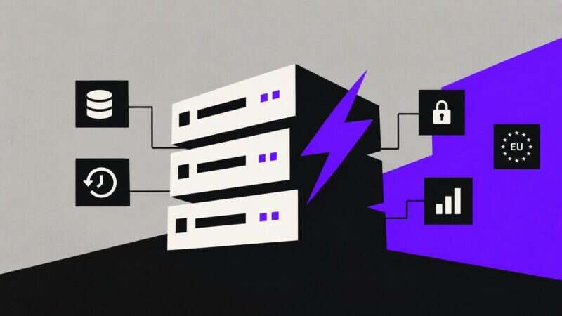 A stack of servers split by a violet lightning bolt, linked to database, backup, security, EU and analytics icons
