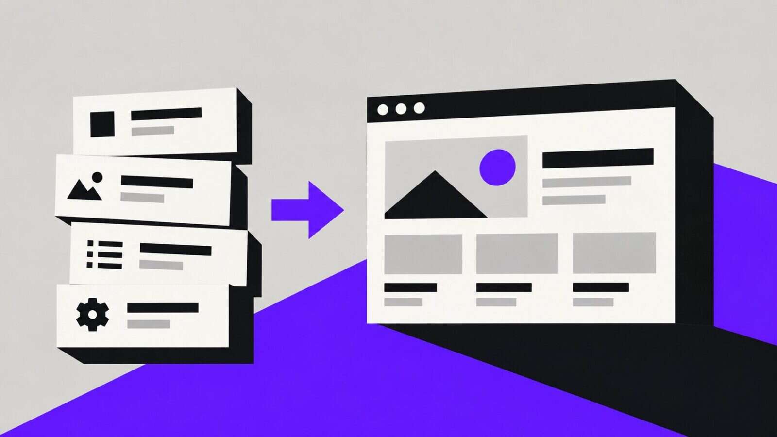 A stack of content cards with icons feeding into a website layout, on grey and violet