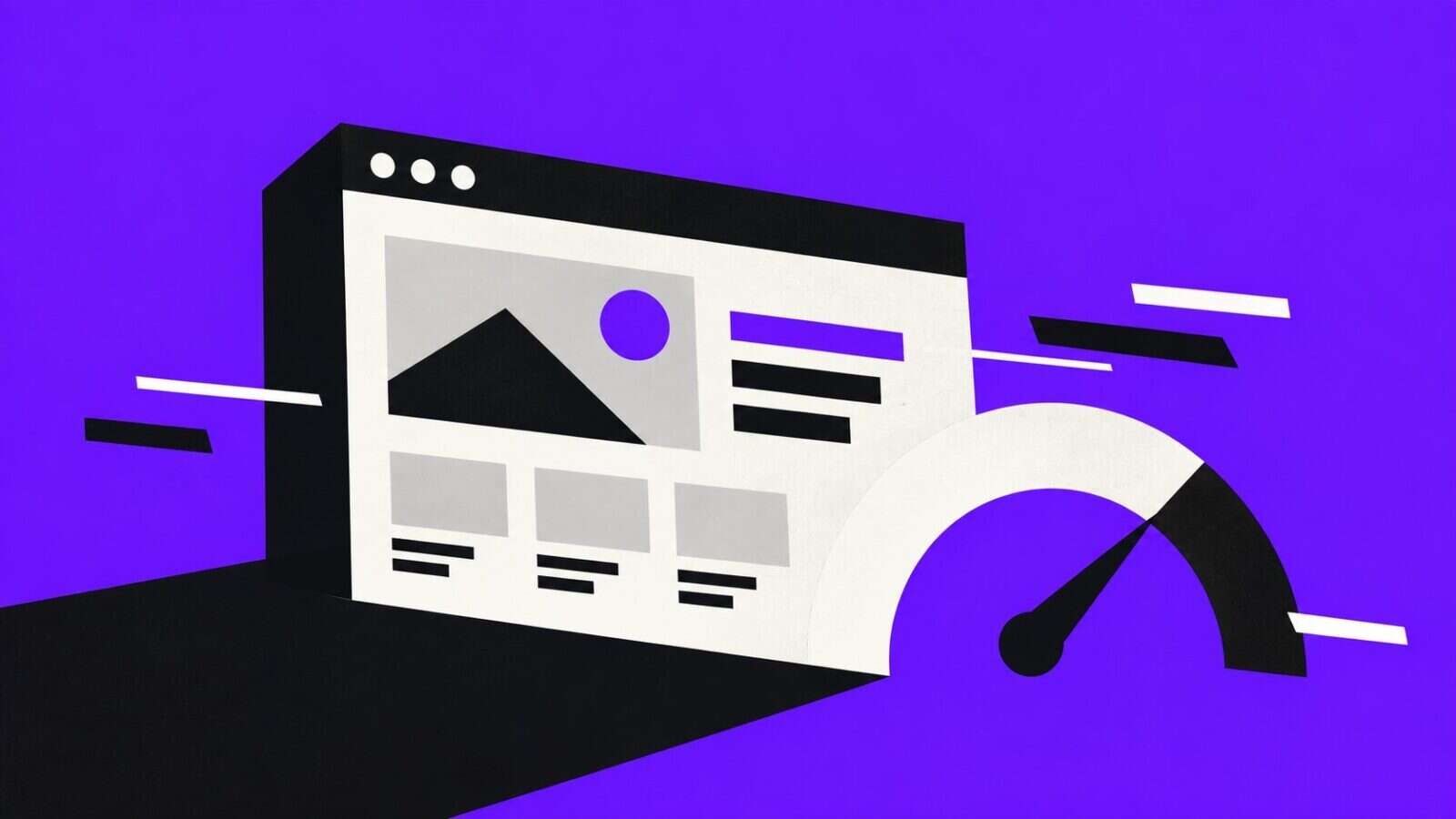 A browser window speeding past a gauge with its needle near the top, on violet