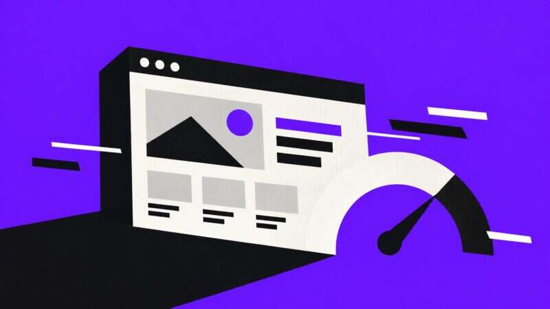 A browser window speeding past a gauge with its needle near the top, on violet