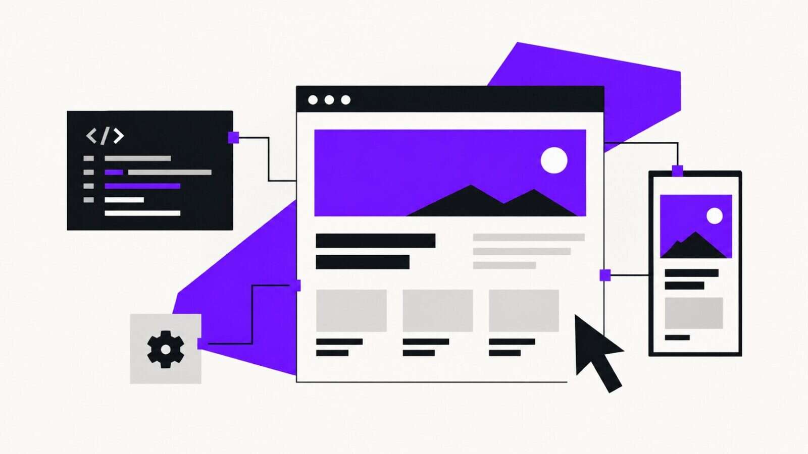 A website layout wired to a code editor, a settings gear and a phone screen, over a violet shape