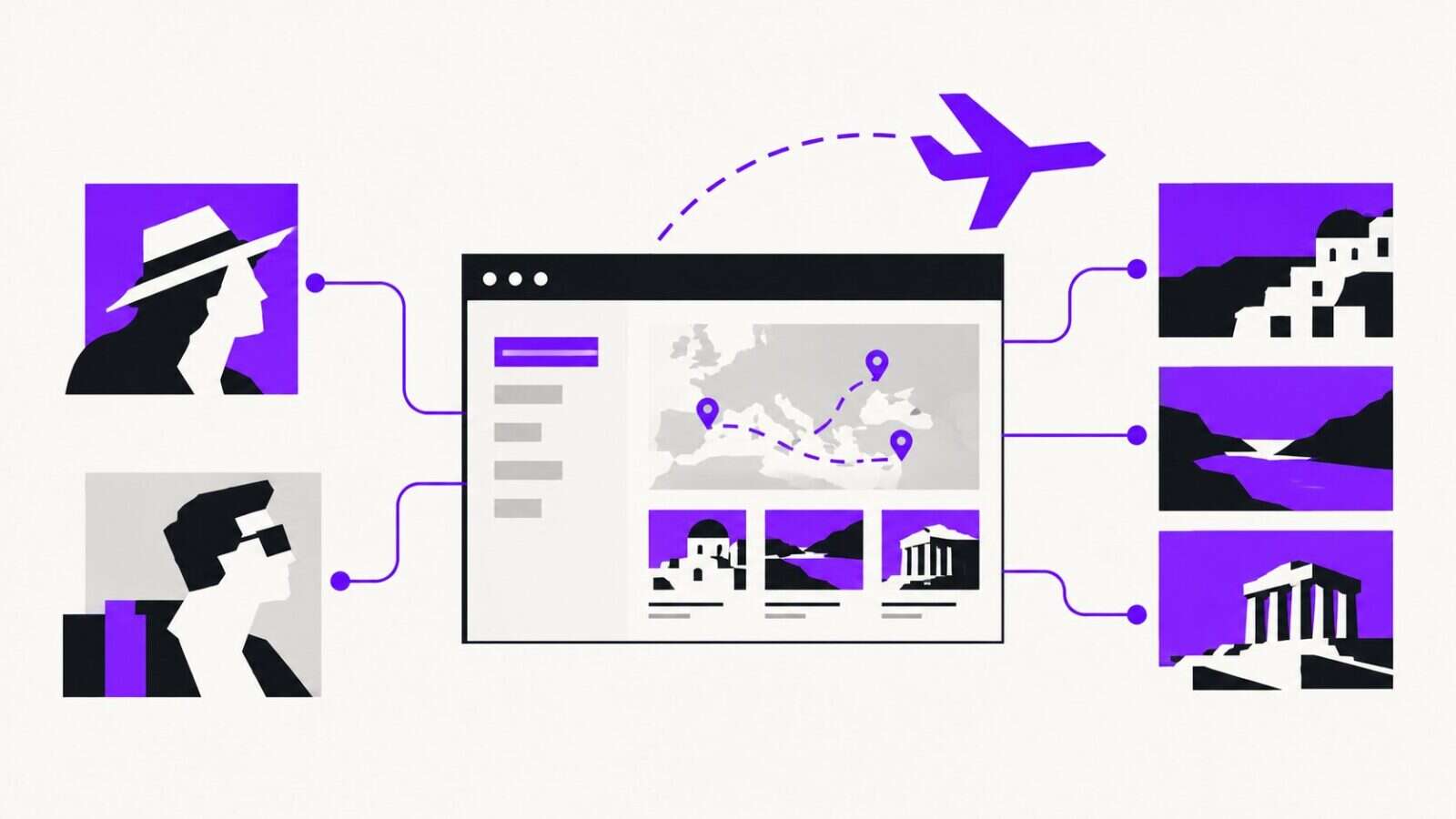 A travel platform in a browser window with a route across a map of Europe, travellers on one side and Greek destinations on the other, linked by violet lines
