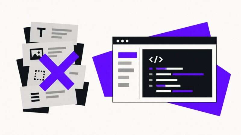 Page-builder blocks struck through with a violet cross, beside a browser window showing clean code